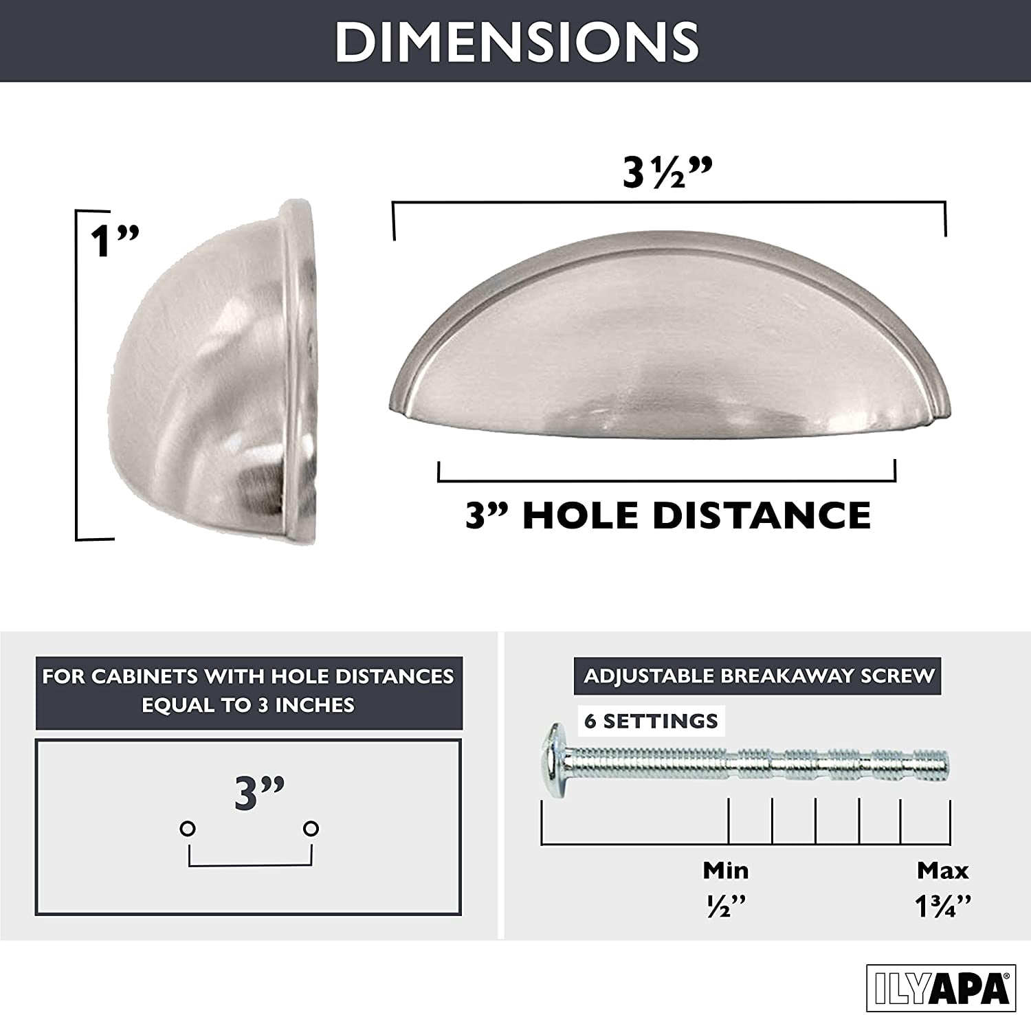 Ilyapa Satin Nickel Kitchen Cabinet Pulls - 3 Inch Hole Center Bin Cup Drawer Handles - 10 Pack of Kitchen Cabinet Hardware - New Design ?