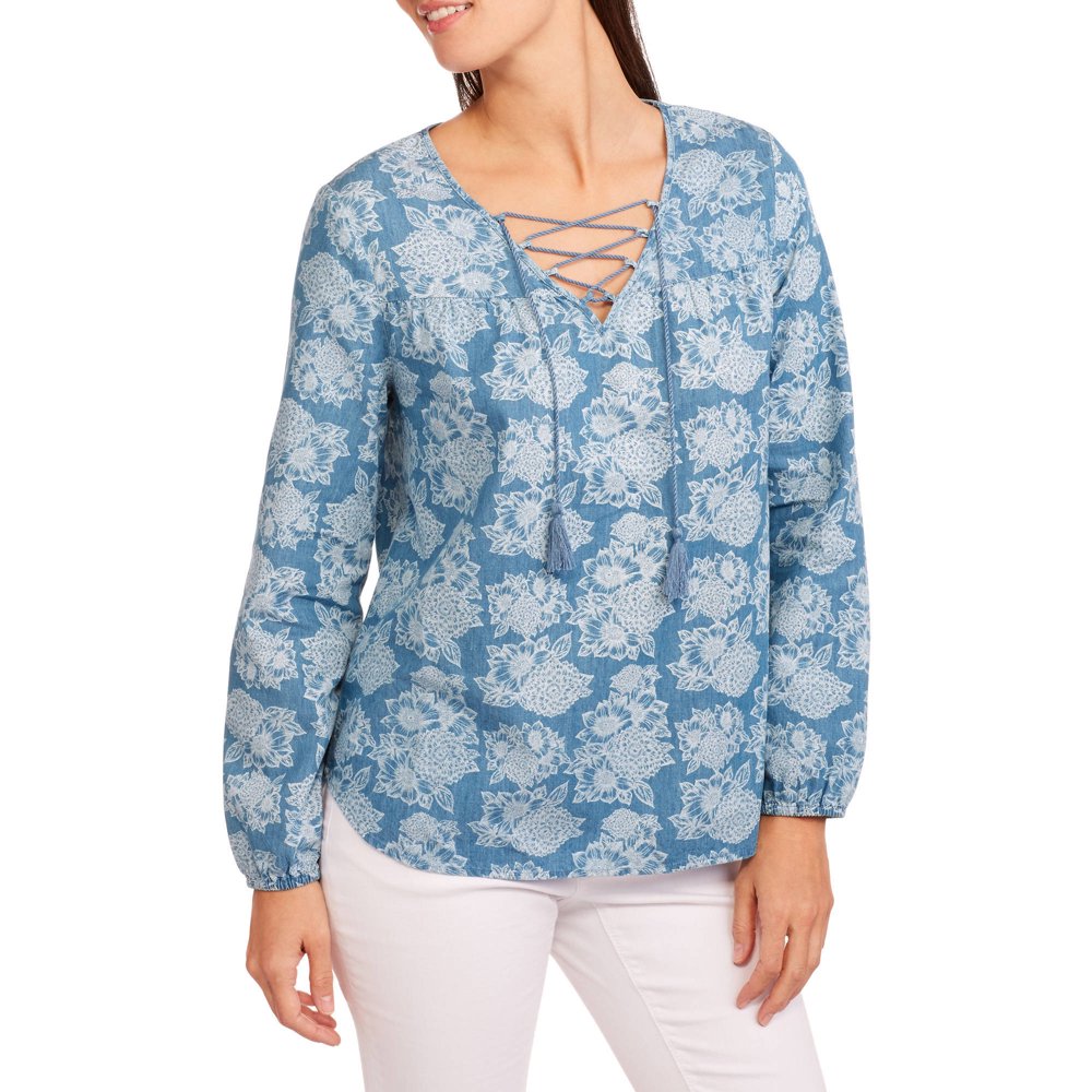Faded Glory Women's Floral Denim Peasant Shirt