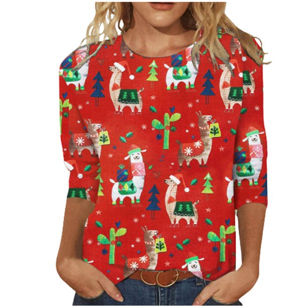 Tops Navideños Para Mujer Blusas Moda Impreso Camiseta Suelta 3 4 Mangas Cuello Redondo Casual Odeerbi ODB191455