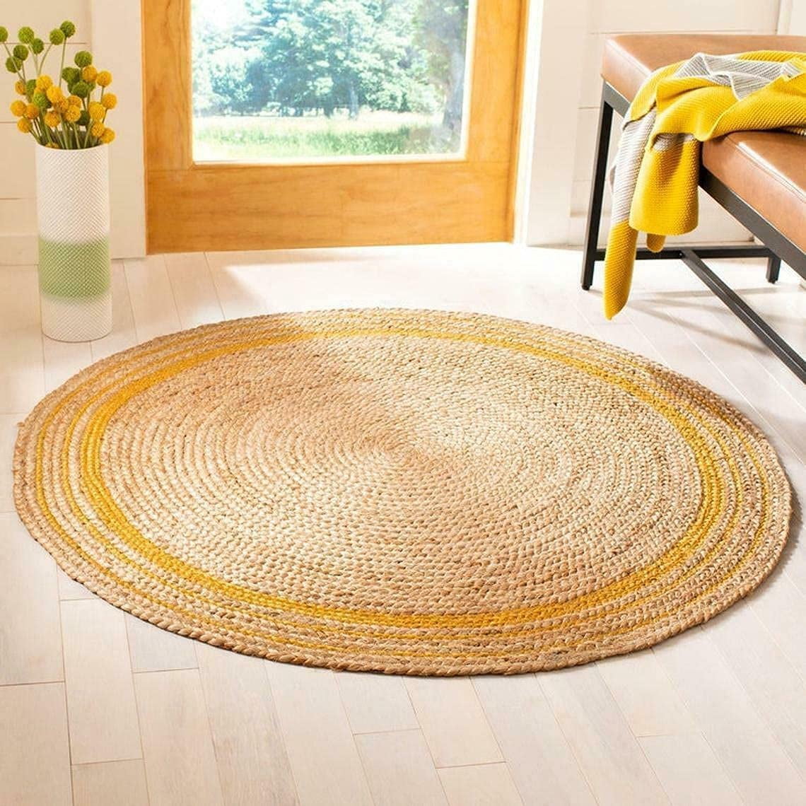 Natural Jute Rug Hand Braided Round Area Rug Handmade Rug for Home Decor (5 Feet Round (60x60 Inches), Beige + Yellow Line)