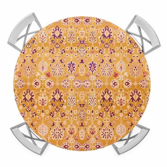 Orange Yellow Boho Round Tablecloth for 45-54 Inch Tables,Fitted Table Cover with Elastic Edge,Vintage Shabby Abstract Geometric Art Waterproof Outdoor Table Cloth Protector for Patio Garden Dinner