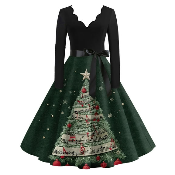 Women's Casual Fashion V Neck Long Sleeve Christmas Printed Party Vintage Dress for Holiday Events and Retro Style, Perfect for Women's Evening Wear,Dark Green,S
