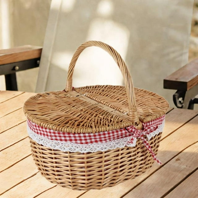 Cesta de mimbre para Picnic, cesta de almacenamiento de ratán con tapa y asa, cesta de almacenamiento, cesta de almacenamiento de mimbre para fiestas Pequeño