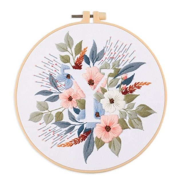 EastVita Embroidery Starter Kit for Beginners, Stamped Cross Stitch Kit with Floral Letter Pattern, DIY Embroidery Kit with Embroidery Cloth Hoops Instructions Needles Threads