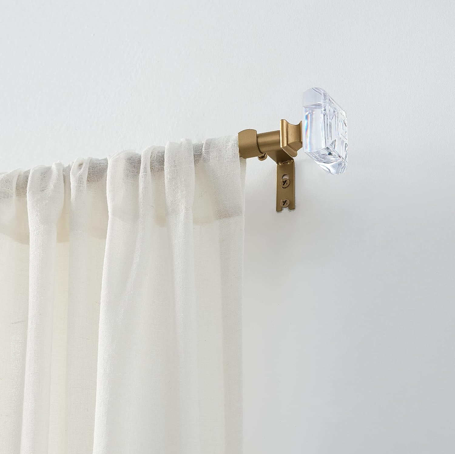 MODE Simplicity Single Adjustable Curtain Rod Set with Clear Acrylic Square Finial, Bushed Gold Finish, Fits 24” to 84” Windows