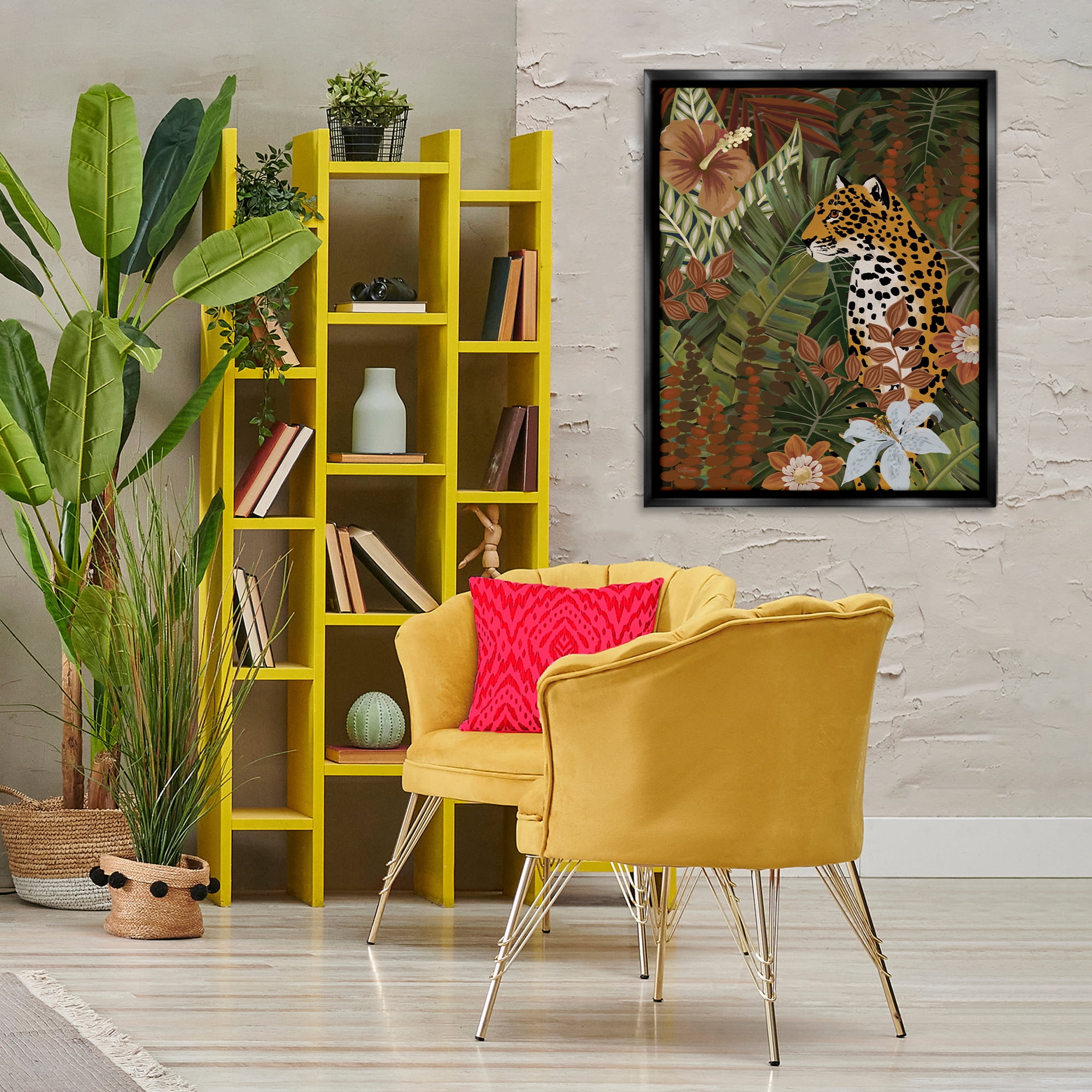 Stupell Industries Hibiscus Jungle Leopard Animals Painting Black Floater Framed Canvas Art Print Wall Art, 25 x 31
