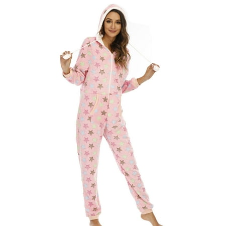 

skpabo Adult One Piece Pajamas Flannel Hooded Zipper Jumpsuit Fleece Womens Onesie Sleepwear Winter Warm Loungewear Romper