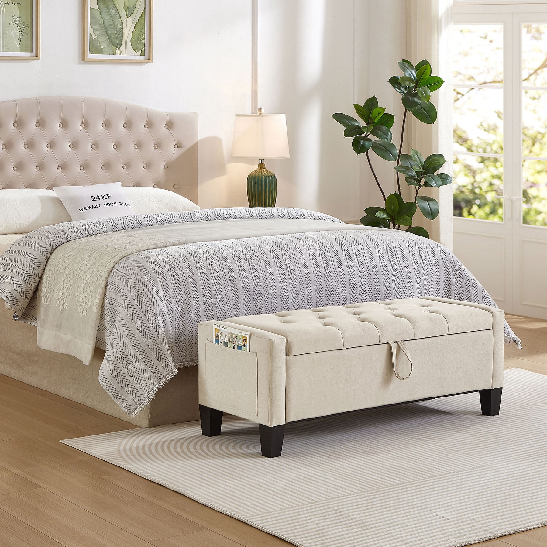 CQSXDA Upholstered Ottoman Bench in Linen with Storage and Safety Hinge for Entryway Seating and Organization
