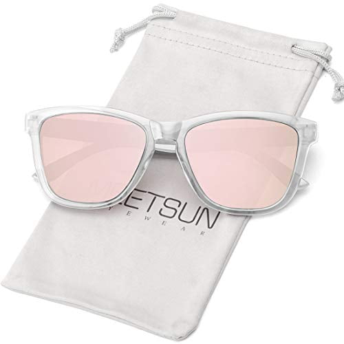 Lunettes de Soleil Polarisées pour Femmes Hommes Style Rétro Designer Classique (Cadre Clair / Lentille Miroir Rose, 54)