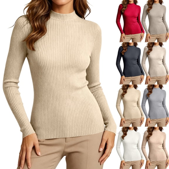 Diufon Mock Neck Sweaters for Women Ribbed Long Sleeve Slim Undershirt Fall Winter Going Out Basic Layering Blouse
