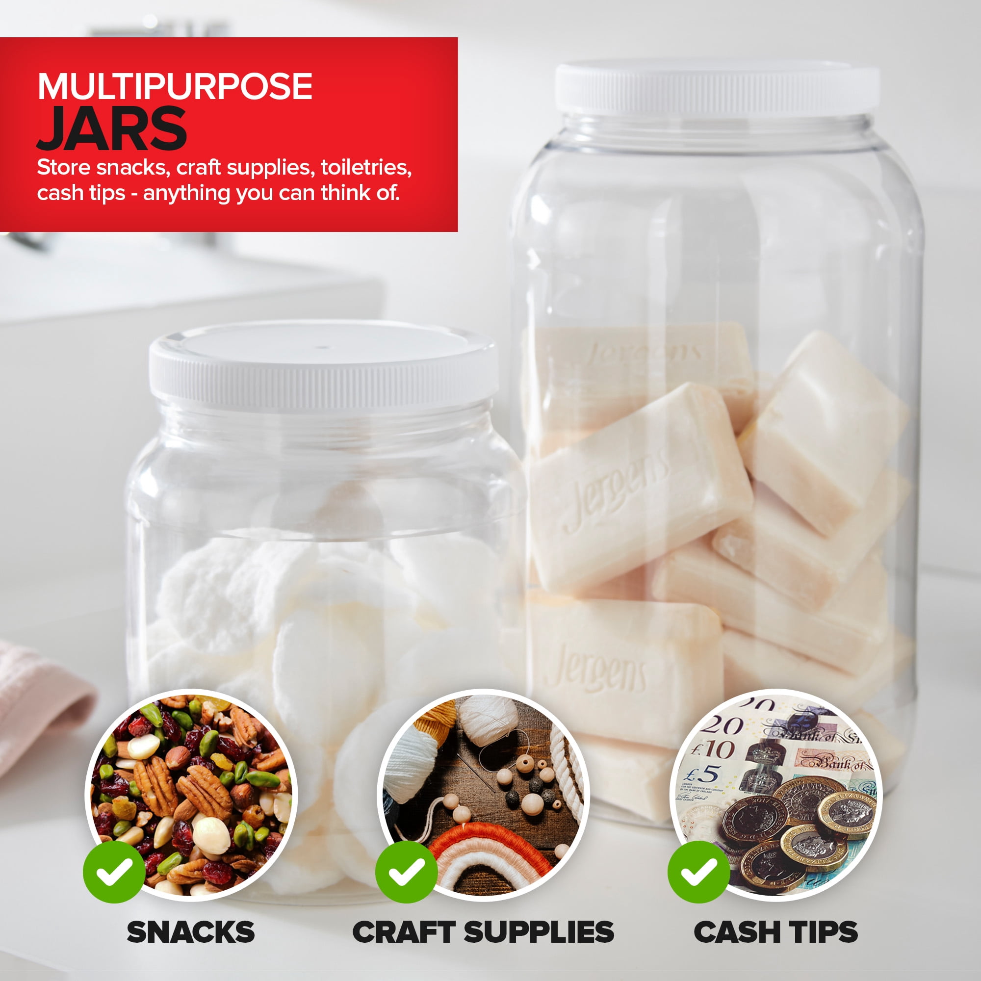 Stock Your Home 1 Gallon Clear Plastic Jars with Lids (2 Pack) 128 oz Wide Mouth Large Jar with Lid, Big Container for Candy, Cookies, Arts & Crafts, Bartender Money Tips, Kitchen & Pantry Storage