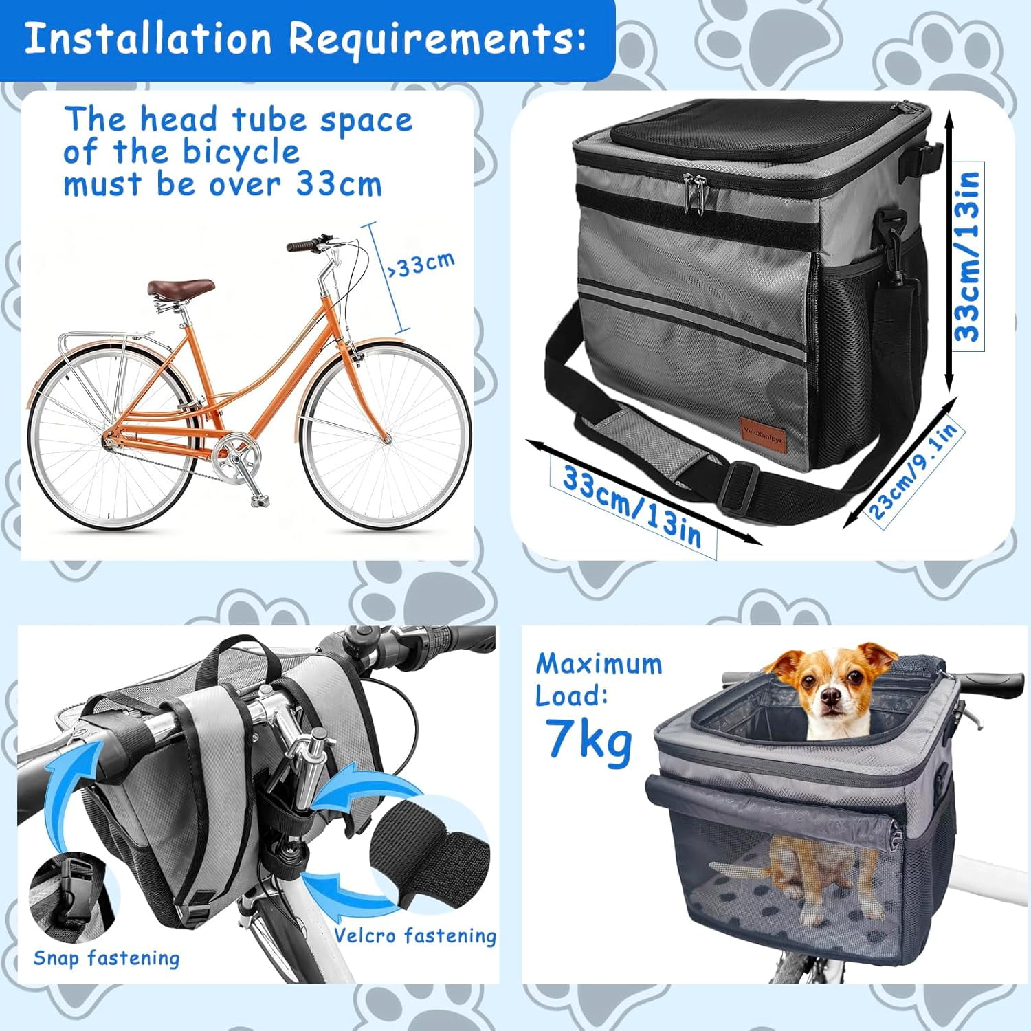 Dog Bike Basket  with Shoulder Strap, Breathable Pet Backpack for Small Dogs Cats Under 15lb, Gray Oxford Cloth Travel Bag with Rain Cover and Accessories