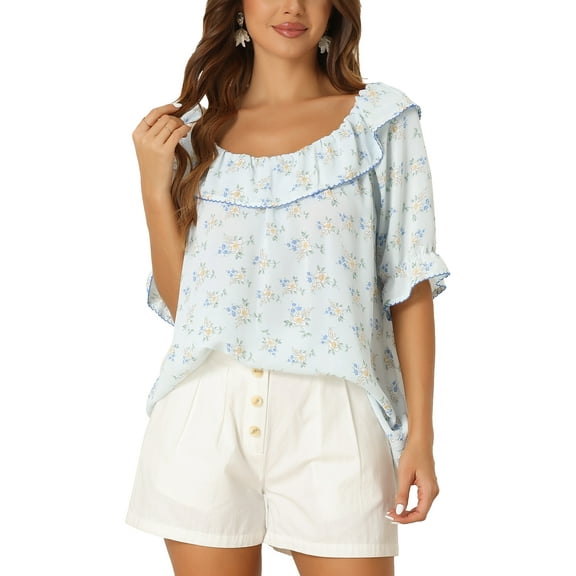 INSPIRE CHIC Floral Tops for Women's Smocked Ruffled Round Neck Half Puff Sleeves Blouse Light Blue XS