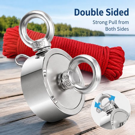 Strong Double Side Neodymium Fishing Magnets 750 lbs (340KG) Pulling Force with 20m (65 Foot) Rope and Protective Gloves for Magnetic Fish Retrieval and Treasure Hunting