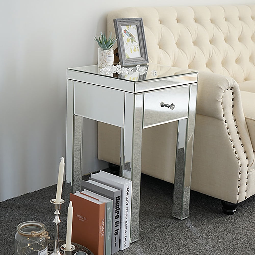 Zimtown Mirrored End Table With Drawer, Small Mirrored End Table