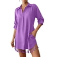 thumbnail image 5 of Fesfesfes Women's Tassel Hem Beach Cover Up Button Down Shirt Dress Oversized 3/4 Sleeve Swimsuit Cover Up Vacation Resort Wear Summer Bikini Beach Dress, 5 of 7