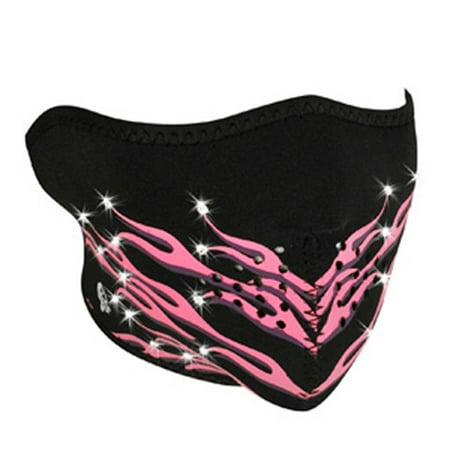 Zan Headgear Neoprene Half Mask with Highway Honey Pink Flames and Rhinestones Design (Multi Color, One Size)