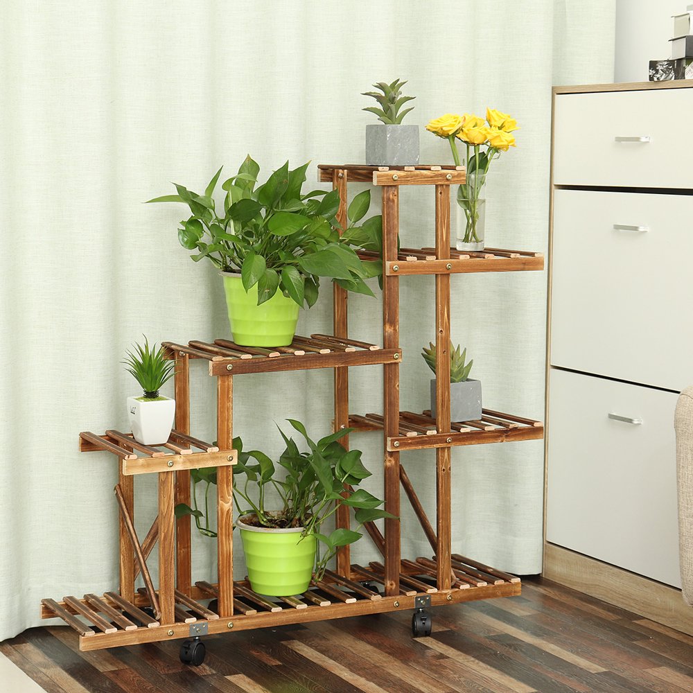 Wooden Flower Stand Rolling Plant Stand Pots Display Shelf
