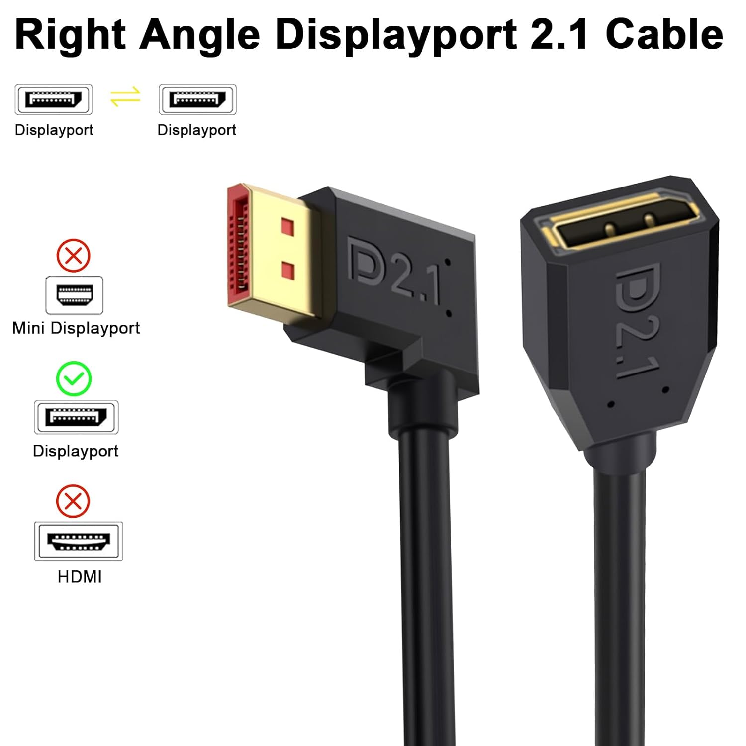 JJEAN-54Gbps Displayport Extension Cable 1.5FT, 90 Degree Right Angle Displayport 2.1 Male to Female Cable Support for 16K@30Hz, 8K@120Hz, 4K@240Hz 165Hz, HDR, HDCP, Gaming Monitor, TV, Graphics