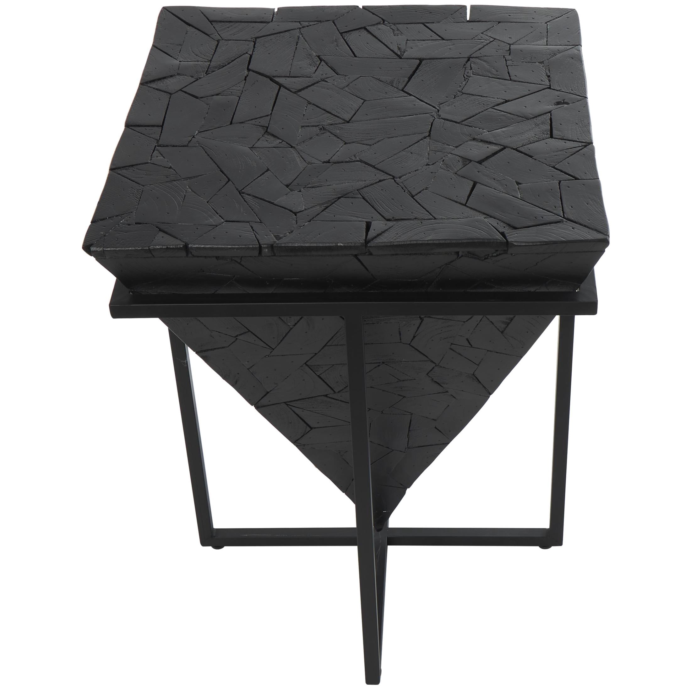 DecMode 17" x 22" Black Teak Wood Handmade Inverted Pyramid Geometric Accent Table with Black Metal Base, 1-Piece