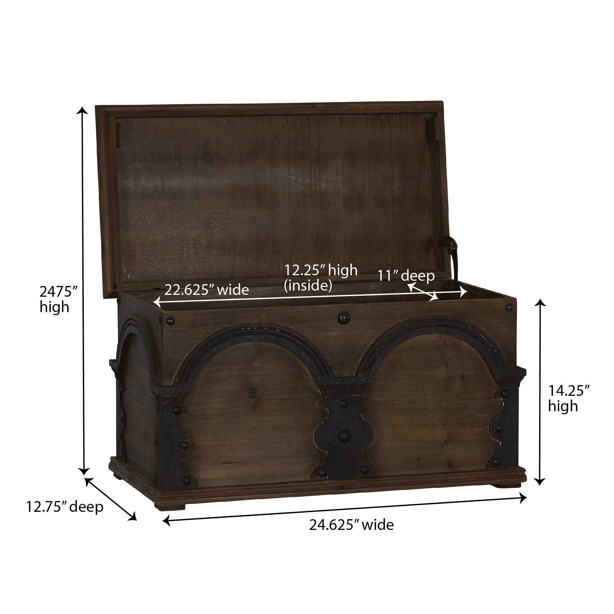 Household Essentials Large Wooden Arch Storage Trunk, Stained Wood with Decorative Arches, Flat-top, Hinged Lid, Brown