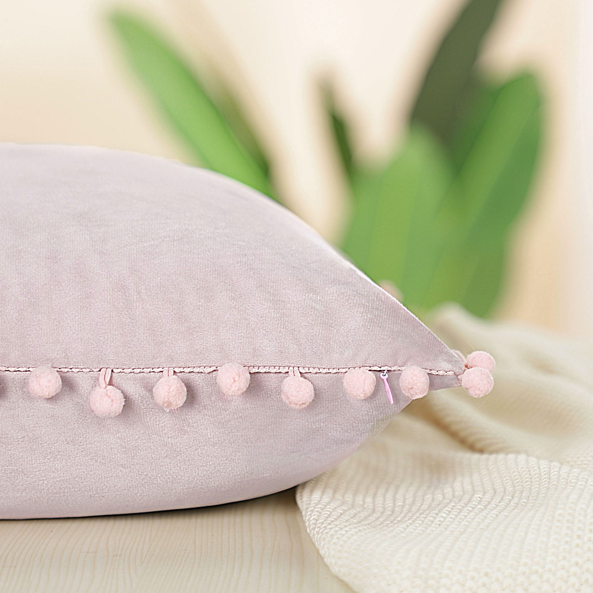 Unique Bargains Velvet Pillow Cover with Pompoms for Sofa 1PCS Pale Pink 16x16Inch