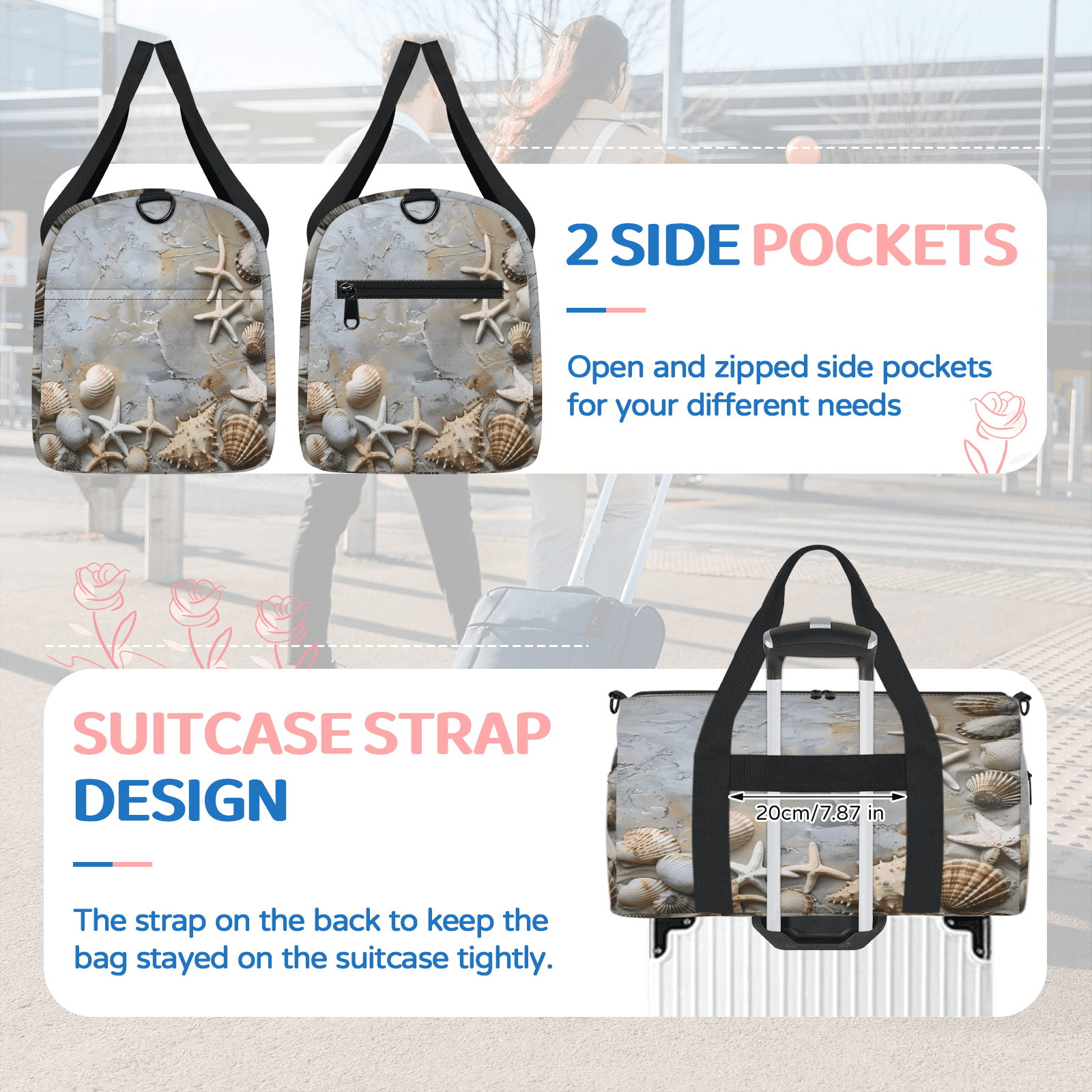 Herdesigns Seashell Starfish Ocean Beach Gym Bag for Women, Duffle Bag for Travel Sport, Lightweight Waterproof Carry on Weekender Overnight Dance Yoga Workout Bags