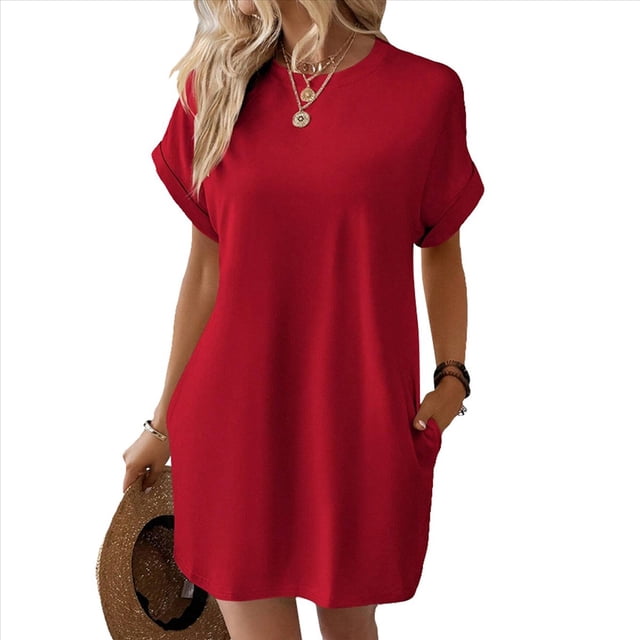 Vestido Holgado de Corta con Cuello Redondo y Bolsillos, Color Liso, Rojo, Talla XL