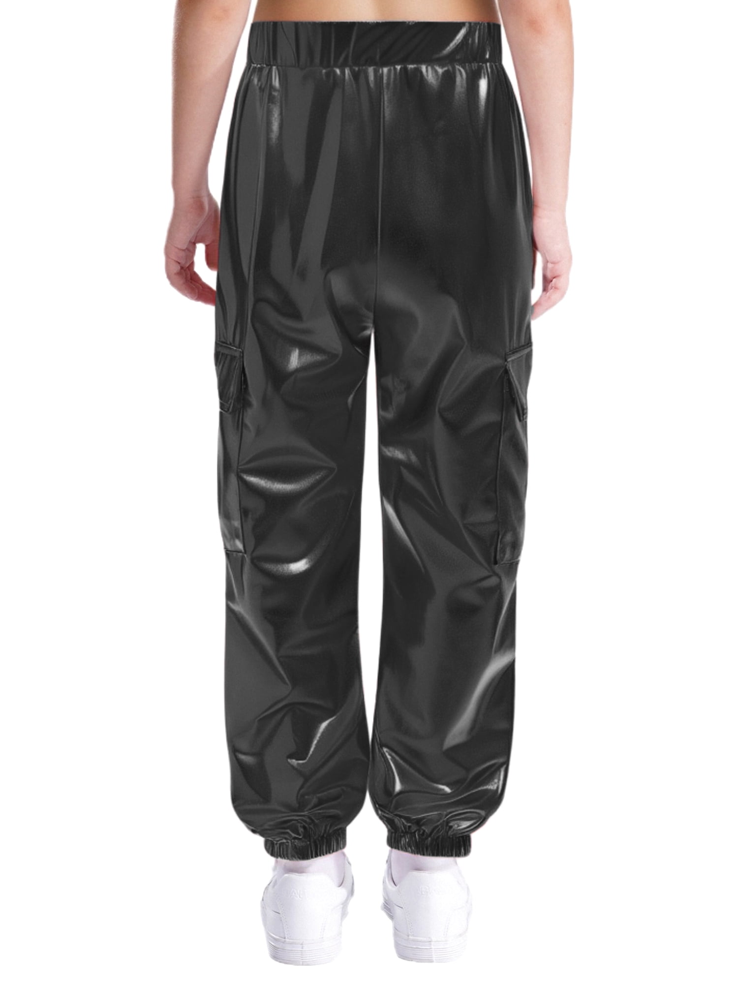 RUNQHUI Girls Boys Metallic Shiny Cargo Pants Kids Multi Pockets Joggers Holographic Hip Hop Jazz Dance Trousers Black 6