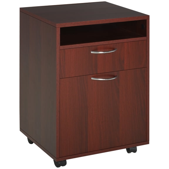 Mobile Printer Stand with Storage, Brown Rolling Cabinet Organizer with Drawer and Door