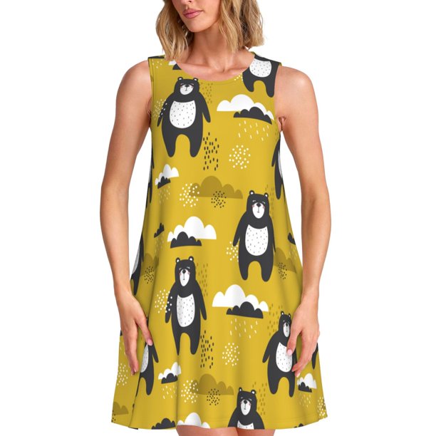 Fotbe Cartoon Bear Yellow Vestido de Verano sin Mangas para Mujer – Vestido Midi Línea A, Estilo Camiseta Floral, Vestido Playero Casual y Fluido