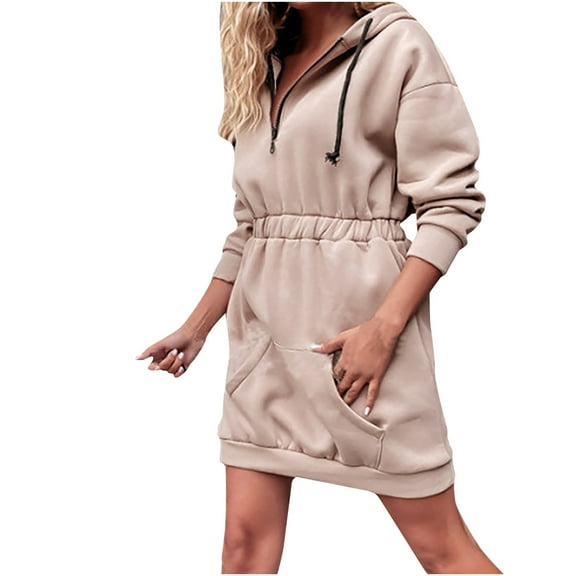 Fesfesfes Women Hooded Casual Solid Color Pocket Waist Zipper Hooded Long Sweatshirts Clearance