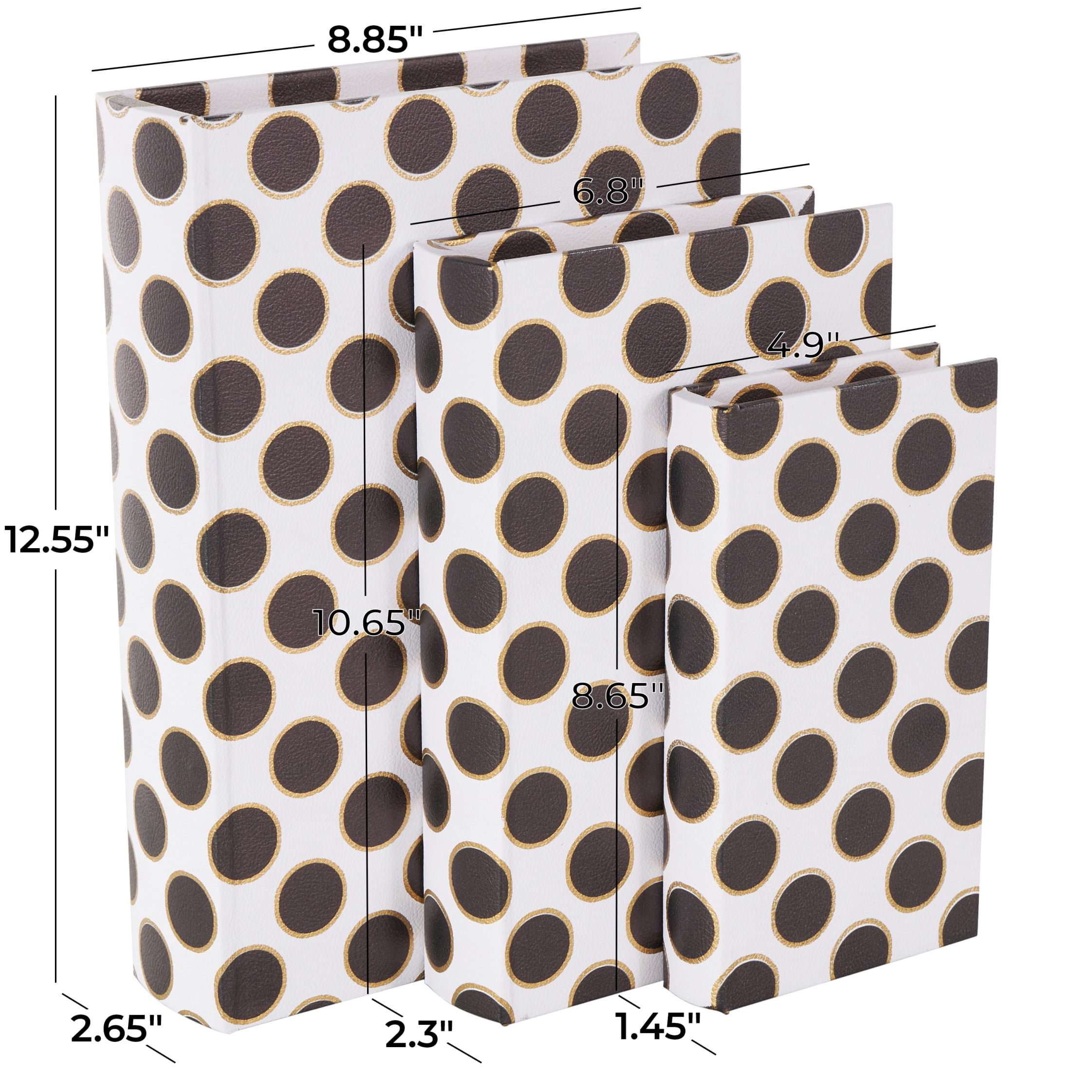 DecMode Polka Dot Faux Book Storage White Faux Leather Decorative Box with Black and Metallic Gold Accents, 3 Count