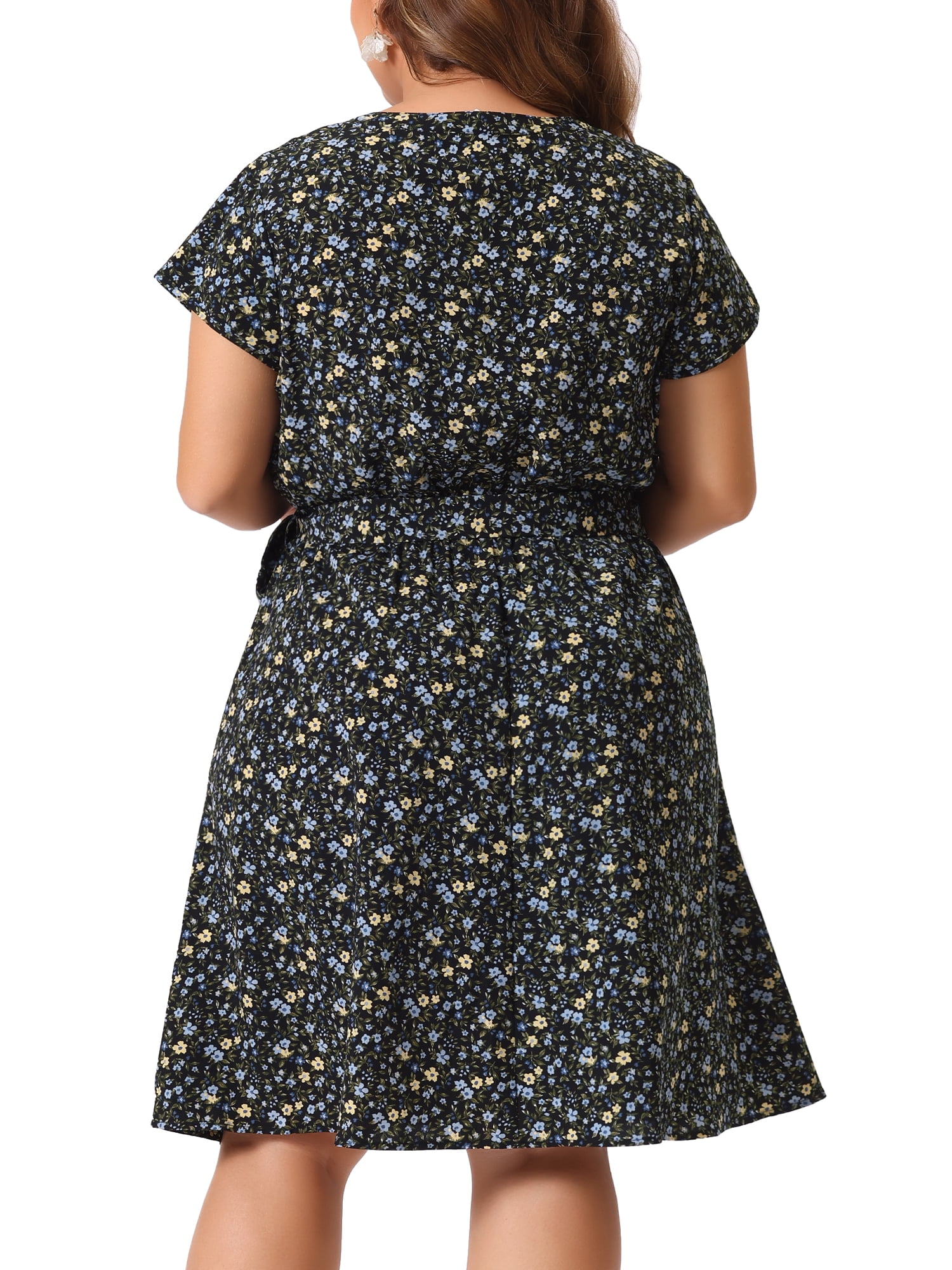 DARING DIVA Plus Size Floral V Neck Tie Belted Dress 4X Black Blue