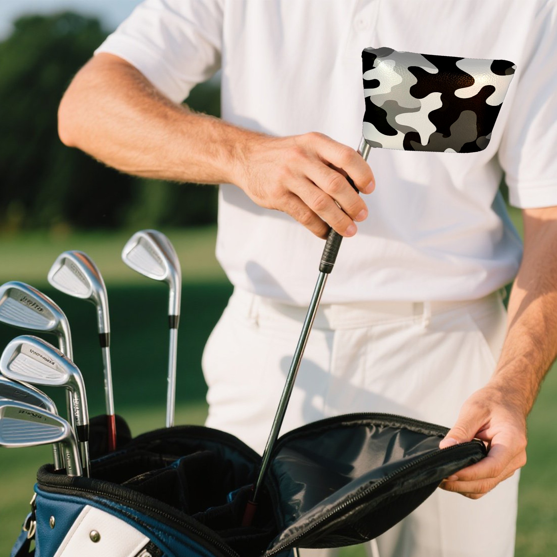 Golf Mallet Putter Cover Premium Leather Waterproof Golf Putter Head Cover with Magnetic Closure Black White Camouflage