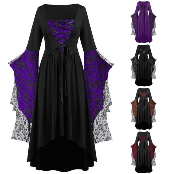 Rggeeun Halloween for Women Renaissance Women Maxi Dress Floral Graphic Bell Sleeve Tops for Women High Low Dress Tie-Front Lace Up Halloween Witch Dress Party Leisure,Black,M