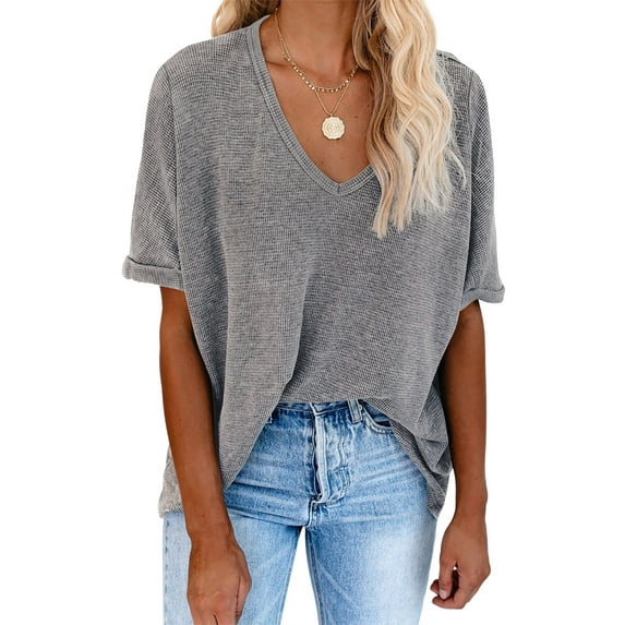 Asyoly Womens Tops Summer Plus Size V Neck Shirts Short Sleeve Waffle Knit Shirts Cotton T Shirts Solid Color Loose Tee Blouse