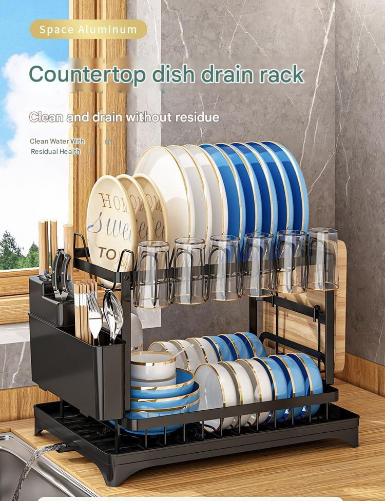 Dish Drying Rack - Stainless Steel Dish Rack for Kitchen Counter, 2-Tier Kitchen Organizers and Storage Rack with Drainboard and Cutlery Holder, Large, Black