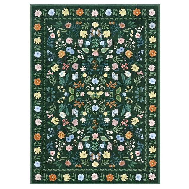 Washable Green Floral Area Rug - Soft Low Pile Non-Slip Carpet, Vintage Botanical Boho Style, Mark Resistant, Collapsible, For Living Room, Nursery - 4x6ft (122x183cm), US Version