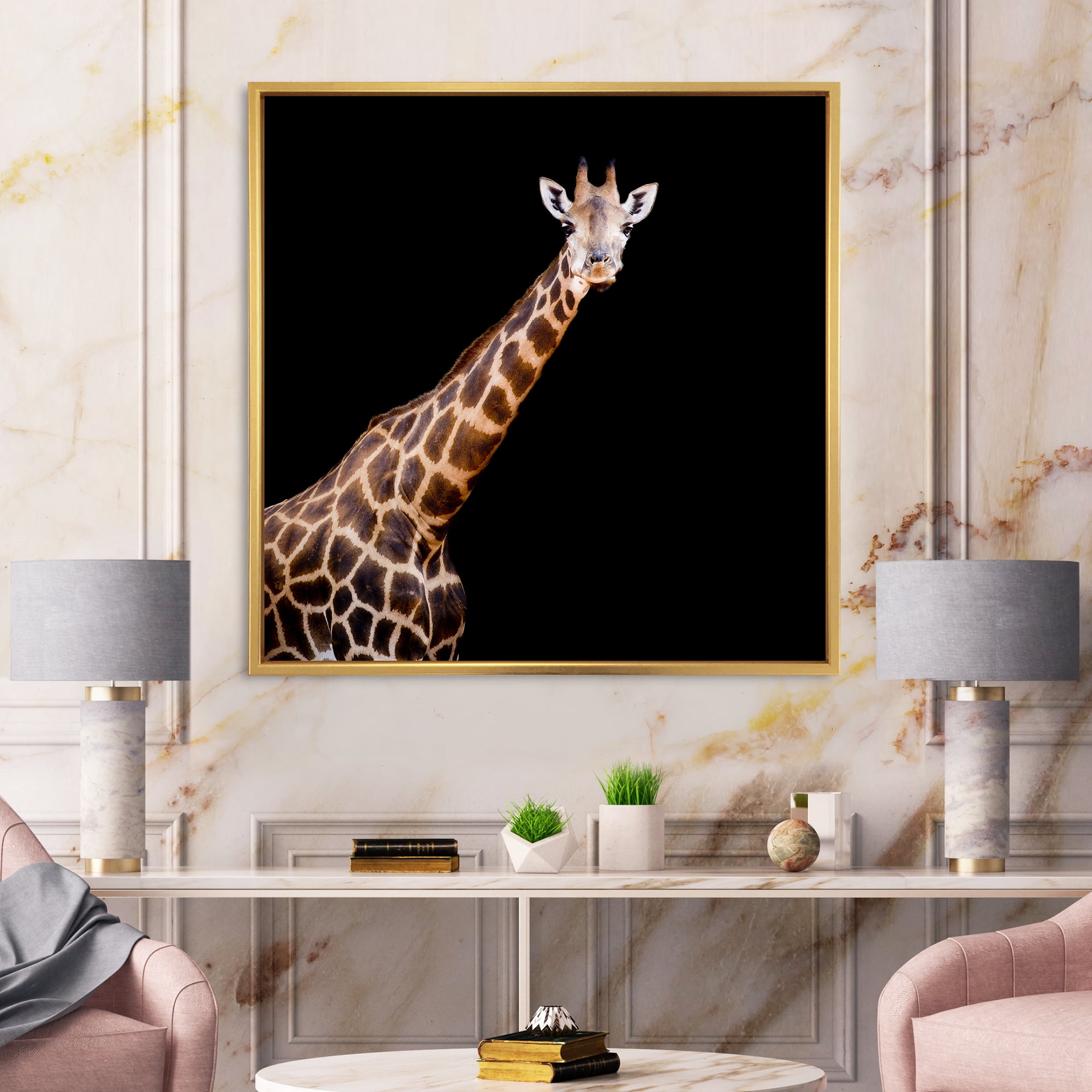 Designart 'Portrait of A Giraffe On Black Background III' Farmhouse Framed Canvas Wall Art Print