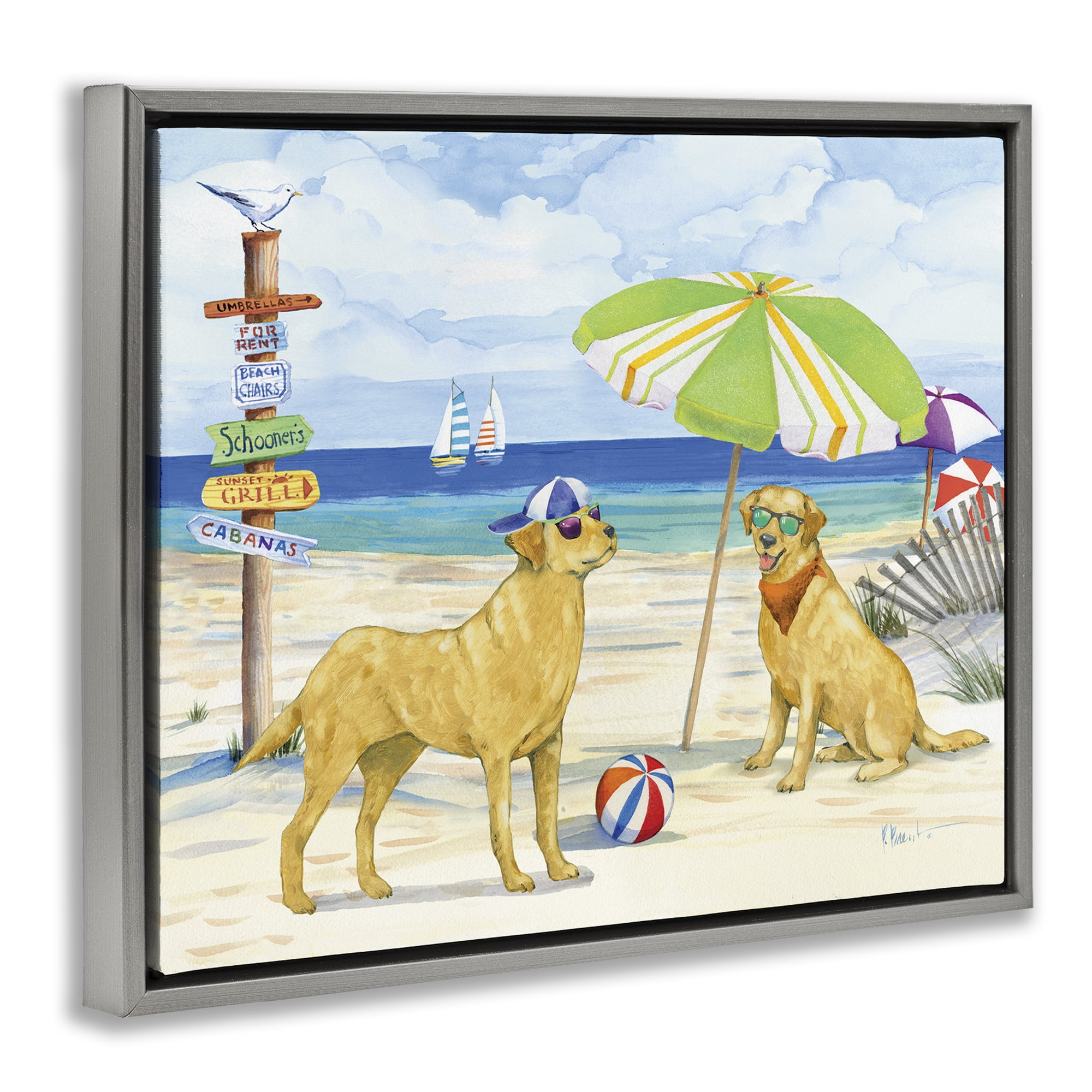 Stupell Industries Dog Day At Beach Animals & Insects Painting Gray Floater Framed Canvas Art Print Wall Art, 21 x 17