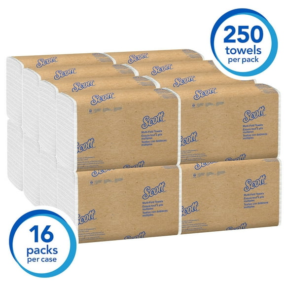 Scott Serviette en Papier à Plis Multiples, Blanc, 250 Serviettes/emballage, 16 Packs/étui