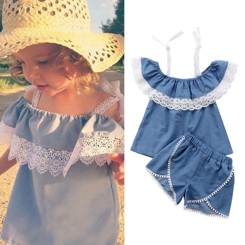 Fashion Kid Baby Girls Lace Flower Tops Dress Pants Shorts Outfits Clothes Canis