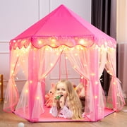 Wilwolfer Princess Castle Kids Indoor Play Tent, Pink Hexagon Fabric Playhouse with Star Lights, Large with Carrying Bag KP-GZ-001-W