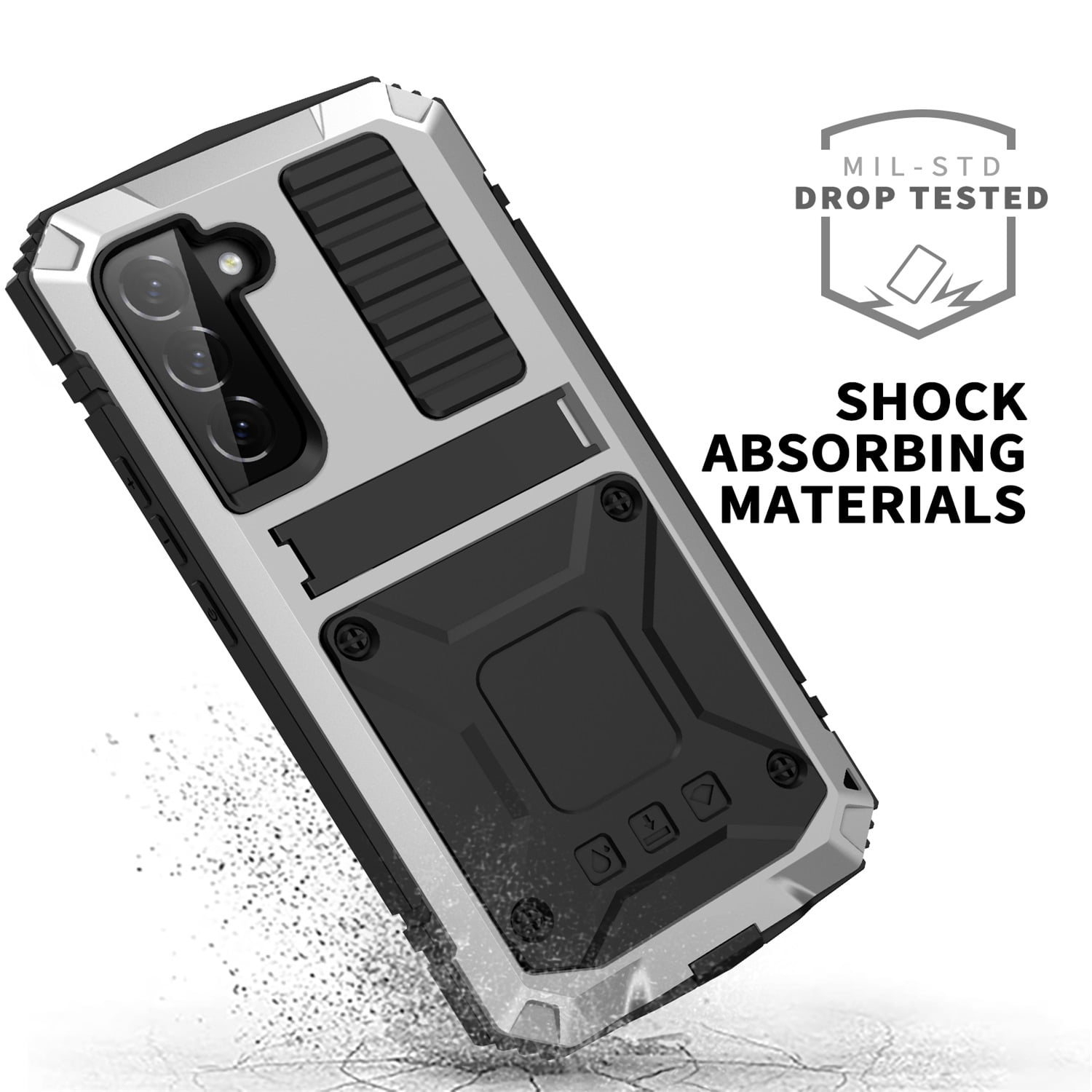 for Samsung S24 Metal Case, with Kickstand Screen Protector Case Sturdy Military Armor Durable Full Body Heavy Duty Shockproof Drop Tested Outdoor Case for Galaxy S24 - Silver