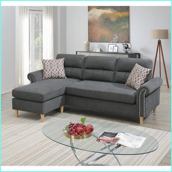 Modern Velvet Reversible Sectional Sofa – 87”x59” Living Room Couch with Pillows & Nailheads | Gray | Velvet | Round Arms
