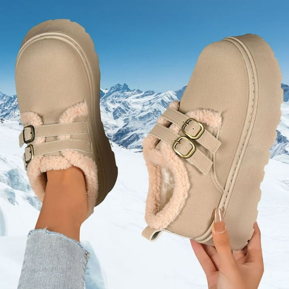 Roncen Women's Fashion Winter Snow Boots - Classic Casual Style Chunky Platform Sole Double Buckle Strap Plush Lined & Extra Warmth Solid Color Thermal Fleece Lined Boots for Cold Weather