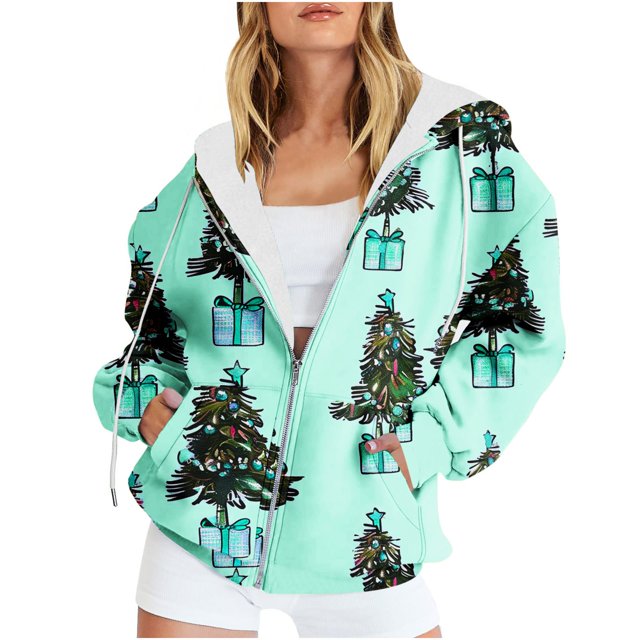 Sudadera con capucha y manga larga para mujer, informal, con estampado navideño, cremallera, manga larga, poliéster