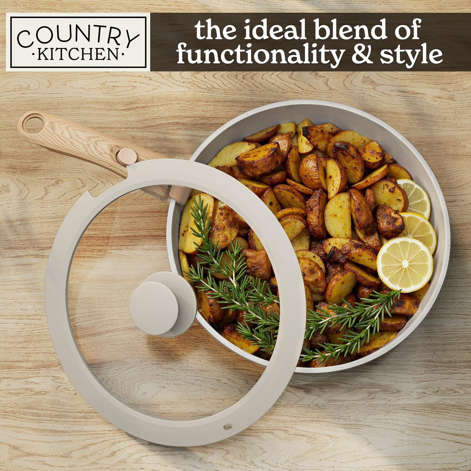 Country Kitchen Pots and Pans Cookware Set, 16-Piece, Ceramic Coated, Removable Handle, Cream