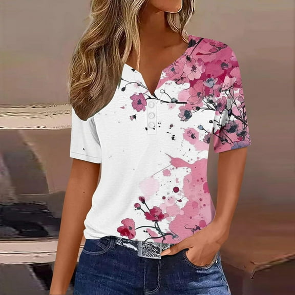 YOTAMI Fashion Plus Size Graphic Tees for Women - Short Sleeve V-Neck Tops for Home Summer Floral Print Comfortable Blouses Multicolor, Sizes S-3X